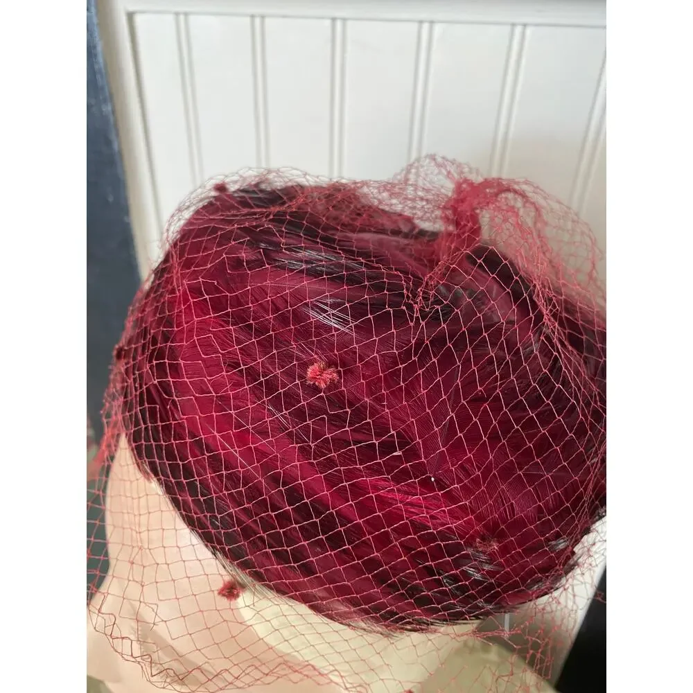 vintage 1960s maroon feather pillbox hat, 60s fashion, bird millinery, net veil